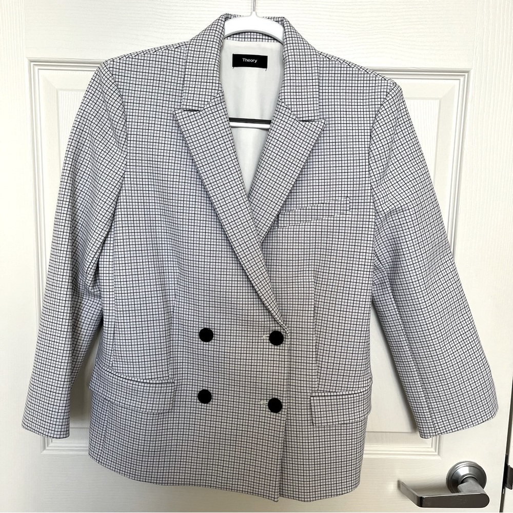 Theory Women's Double-Breasted Grid Check Blazer in Black & White